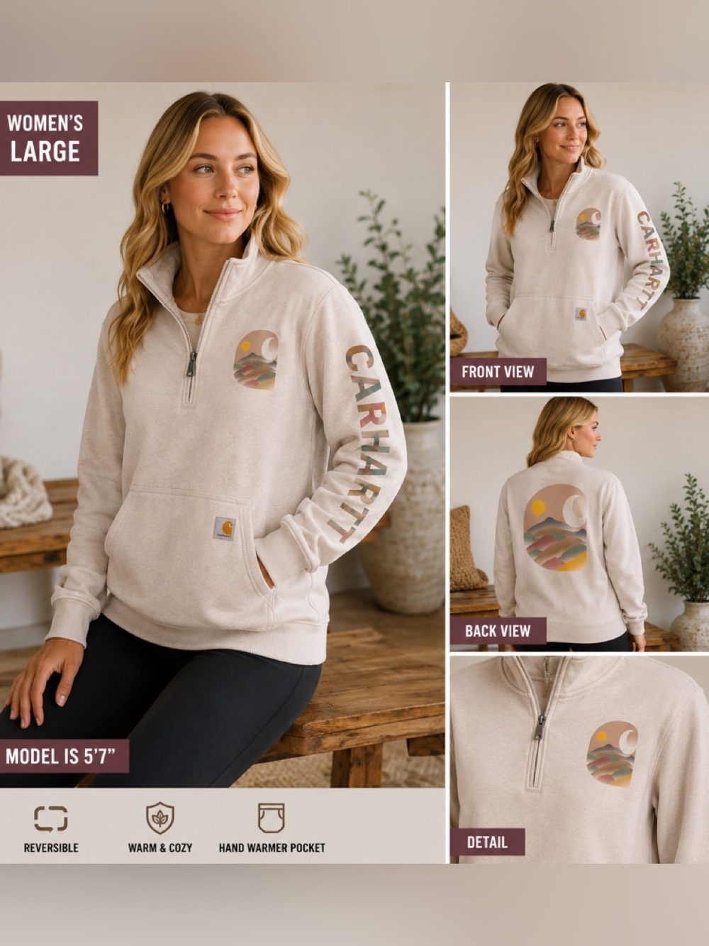 Carhartt Women's Cream Quarter-Zip Sweatshirt with Multicolor Landscape Graphic